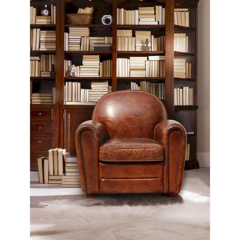 Fauteuil club en cuir véritable – Marron, Siège d'appoint classique pour salon
