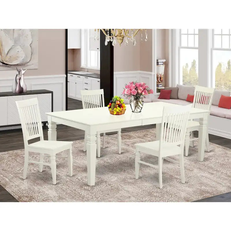 Ensemble table à manger rectangulaire et chaises à assise en bois – Fini blanc lin