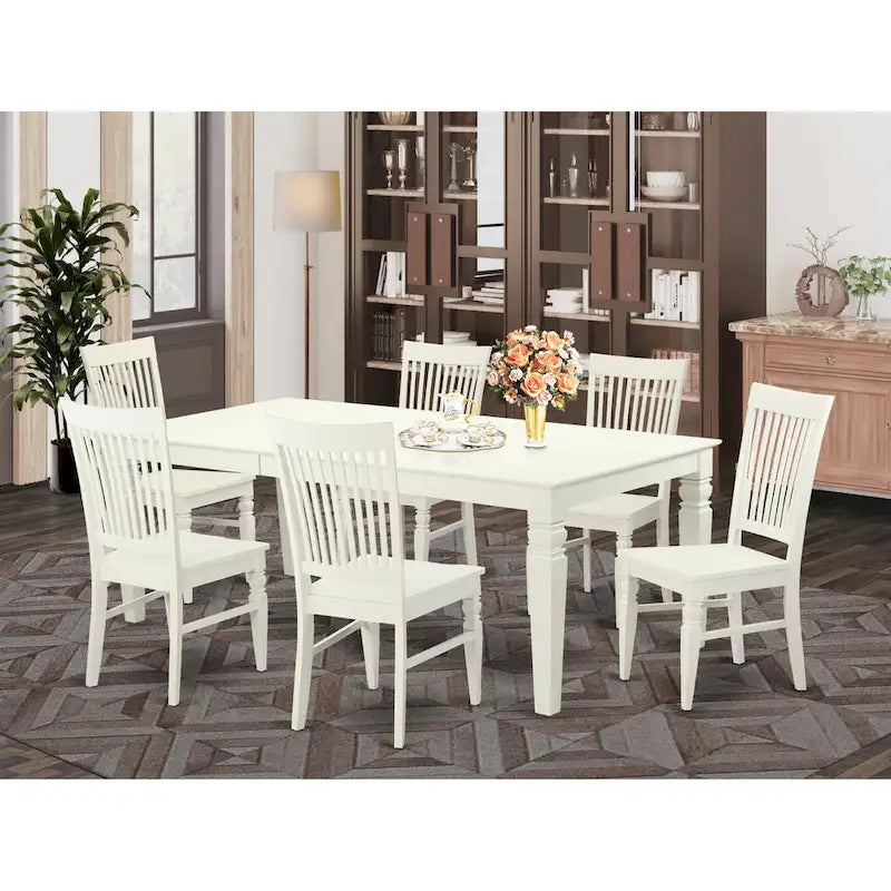 Ensemble table à manger rectangulaire et chaises à assise en bois – Fini blanc lin