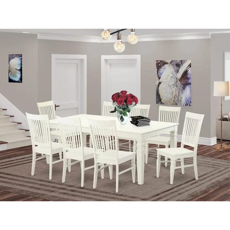 Ensemble table à manger rectangulaire et chaises à assise en bois – Fini blanc lin