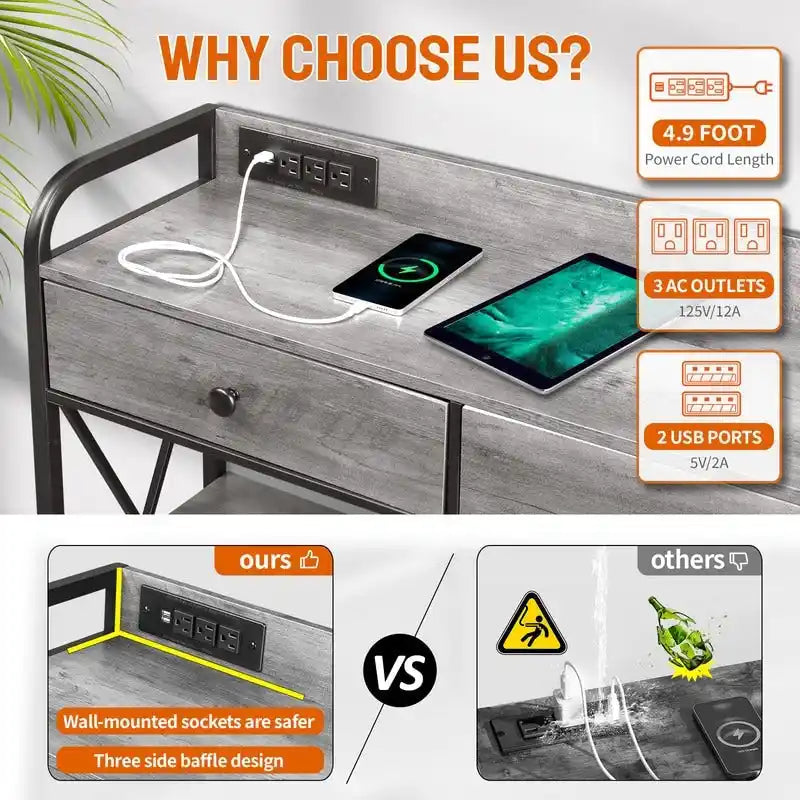 Console étroite avec 3 tiroirs et station de recharge
