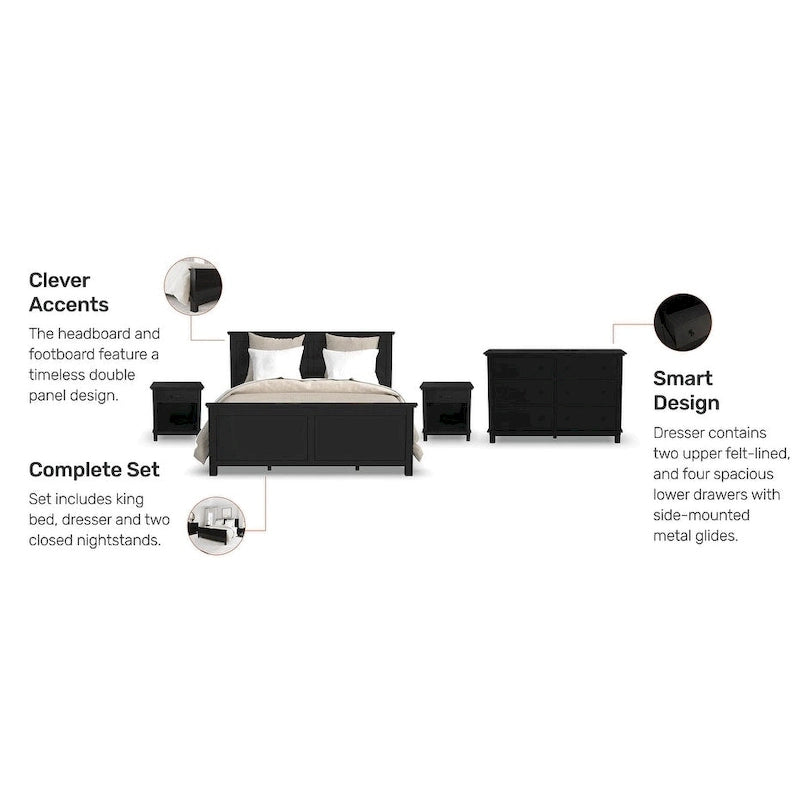 Ensemble de lit king, deux tables de chevet et commode Homestyles 4 pièces en bois noir Oak Park