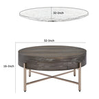 Table Basse Ronde Moderne 1 Tiroir avec Pieds Métalliques Croisés, Marron et Or - 40,6 H x 81,3 L x 81,3 P cm