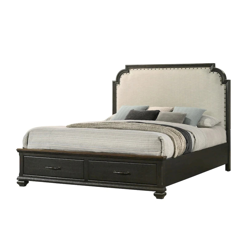 Ensemble de chambre à coucher Josalina 5 pièces marron moderne contemporain en bois massif et placages avec rangement en tissu