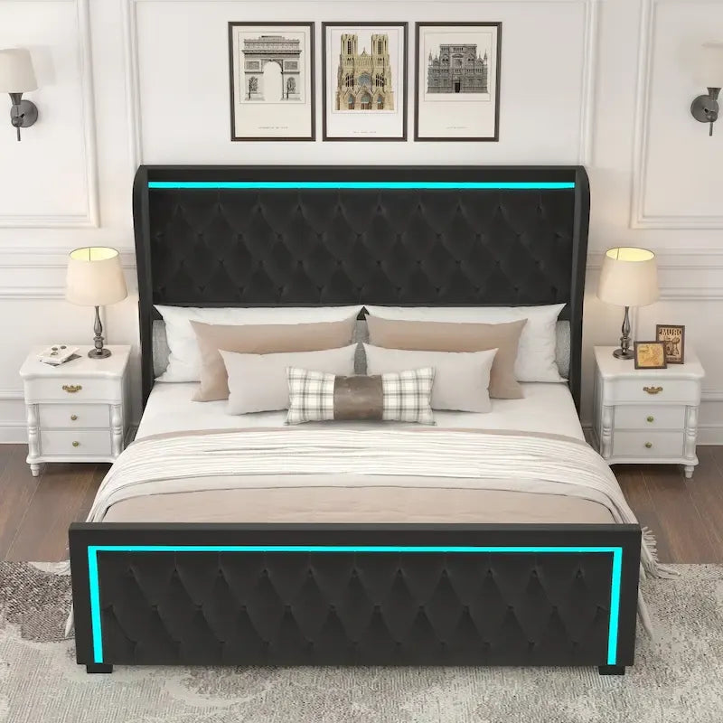 Lit plateforme Velvet Queen avec tête de lit LED