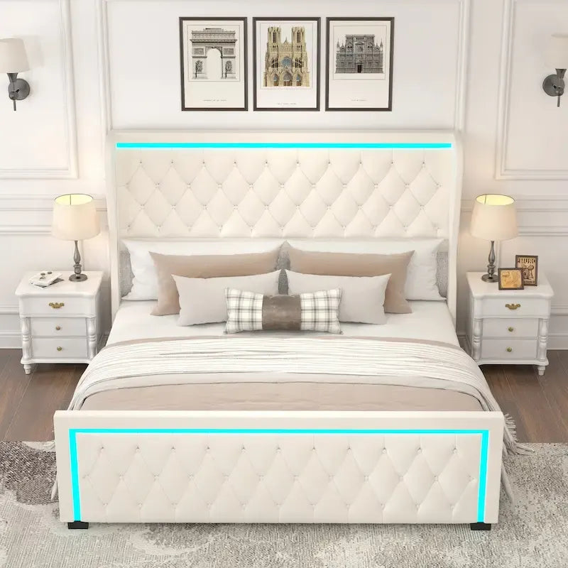 Lit plateforme Velvet Queen avec tête de lit LED