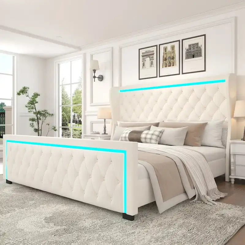 Lit plateforme Velvet Queen avec tête de lit LED