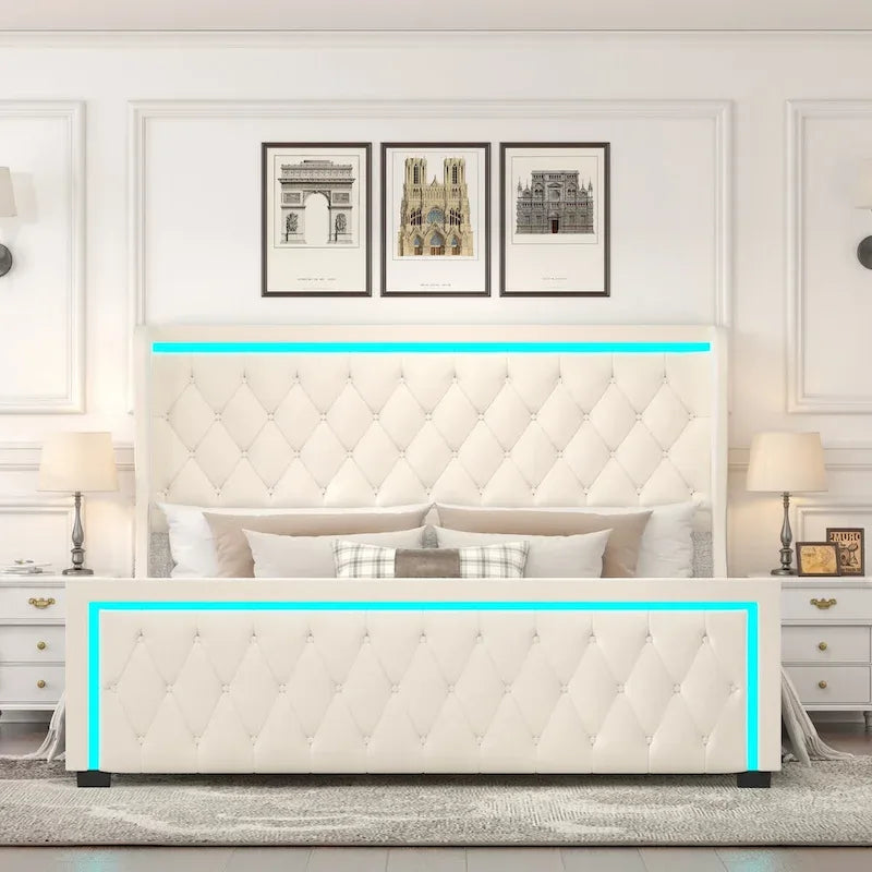 Lit plateforme Velvet Queen avec tête de lit LED