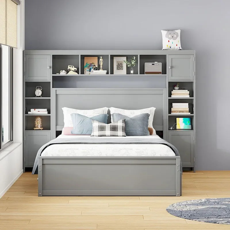 Lit en bois Queen size Nestfair avec armoire tout-en-un