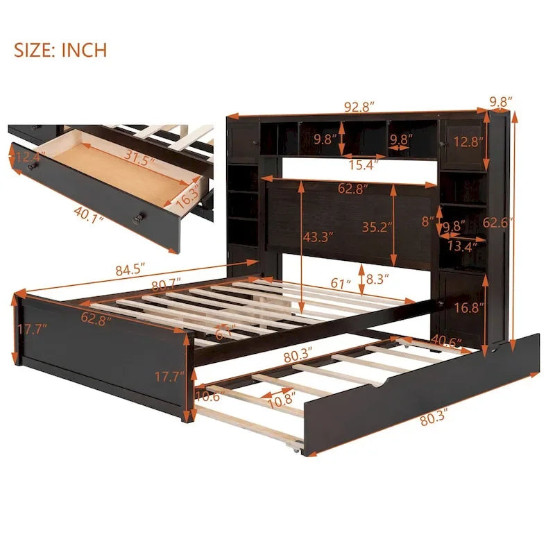 Lit en bois Queen size Nestfair avec armoire tout-en-un
