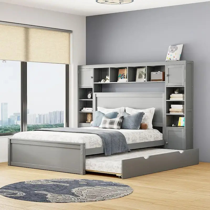 Lit en bois Queen size Nestfair avec armoire tout-en-un