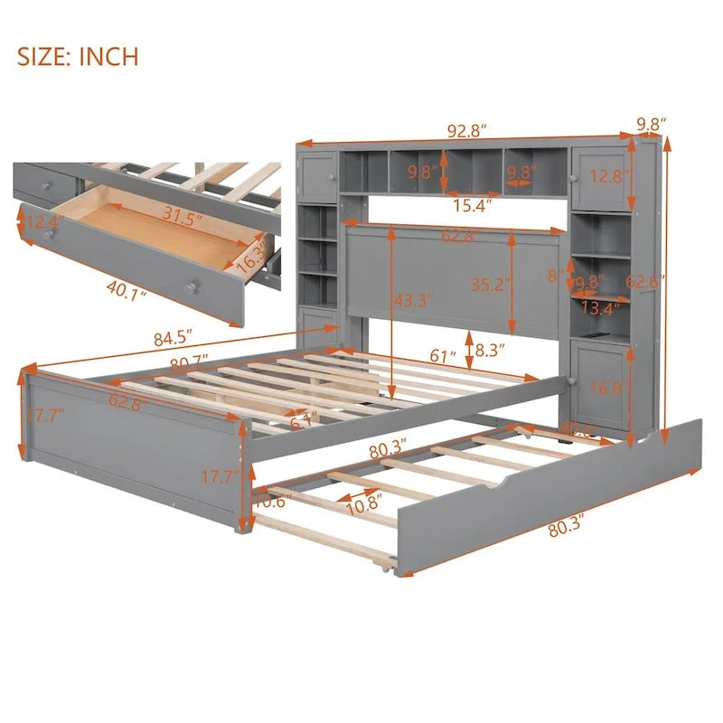 Lit en bois Queen size Nestfair avec armoire tout-en-un