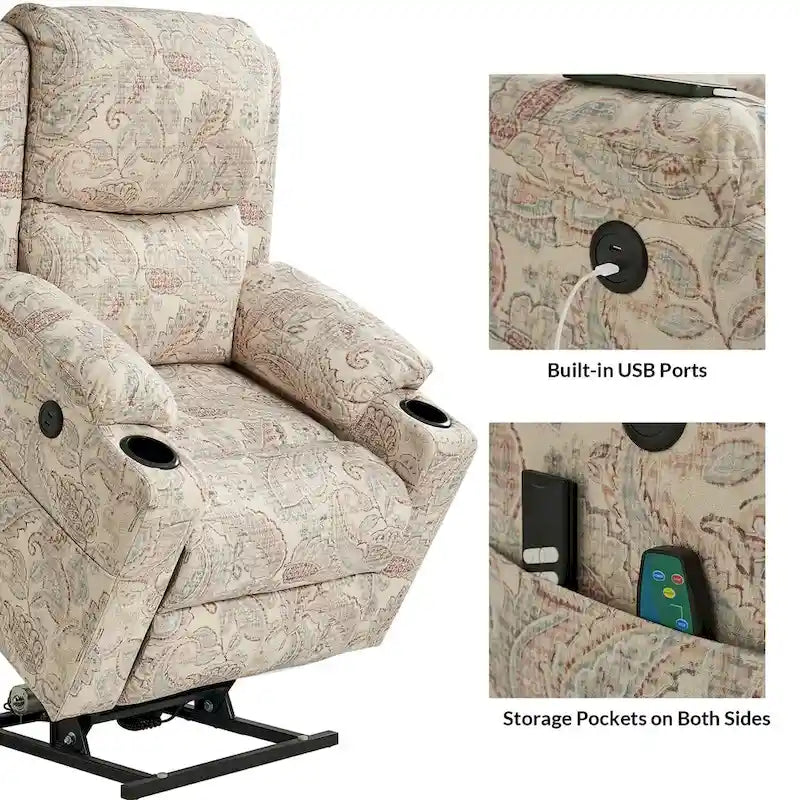 Fauteuil inclinable releveur chauffant traditionnel à motifs floraux avec double moteur et massage – Lot de 2