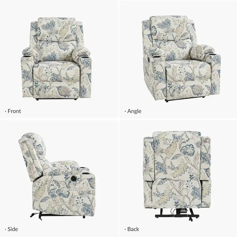 Fauteuil inclinable releveur chauffant traditionnel à motifs floraux avec double moteur et massage – Lot de 2