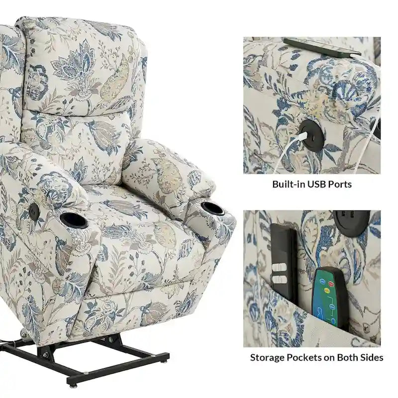 Fauteuil inclinable releveur chauffant traditionnel à motifs floraux avec double moteur et massage – Lot de 2