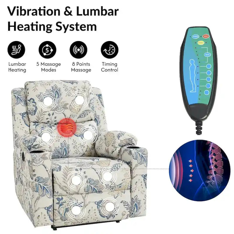 Fauteuil inclinable releveur chauffant traditionnel à motifs floraux avec double moteur et massage – Lot de 2