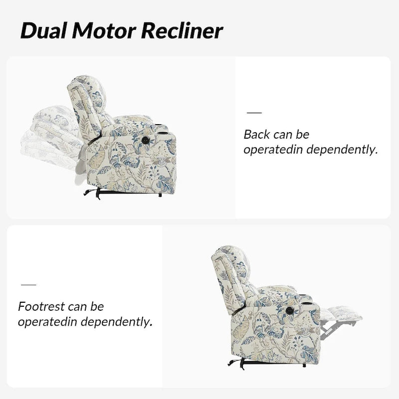 Fauteuil inclinable releveur chauffant traditionnel à motifs floraux avec double moteur et massage – Lot de 2