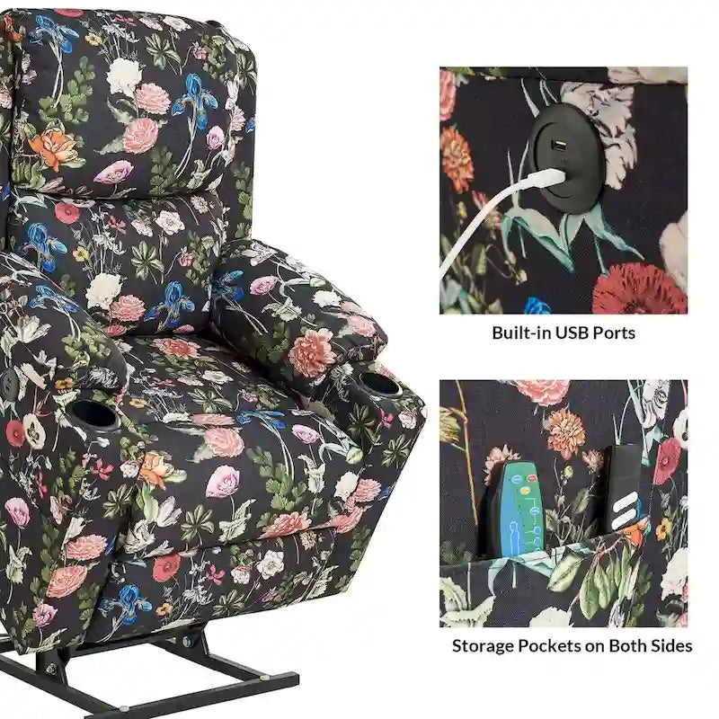 Fauteuil inclinable releveur chauffant traditionnel à motifs floraux avec double moteur et massage – Lot de 2