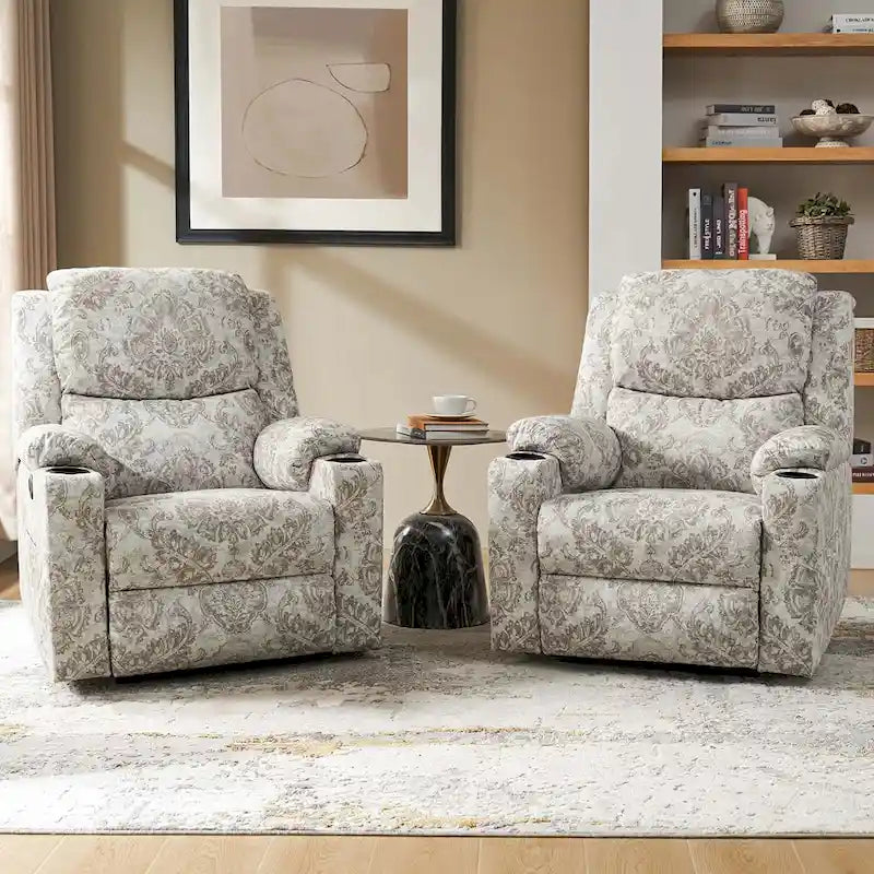 Fauteuil inclinable releveur chauffant traditionnel à motifs floraux avec double moteur et massage – Lot de 2