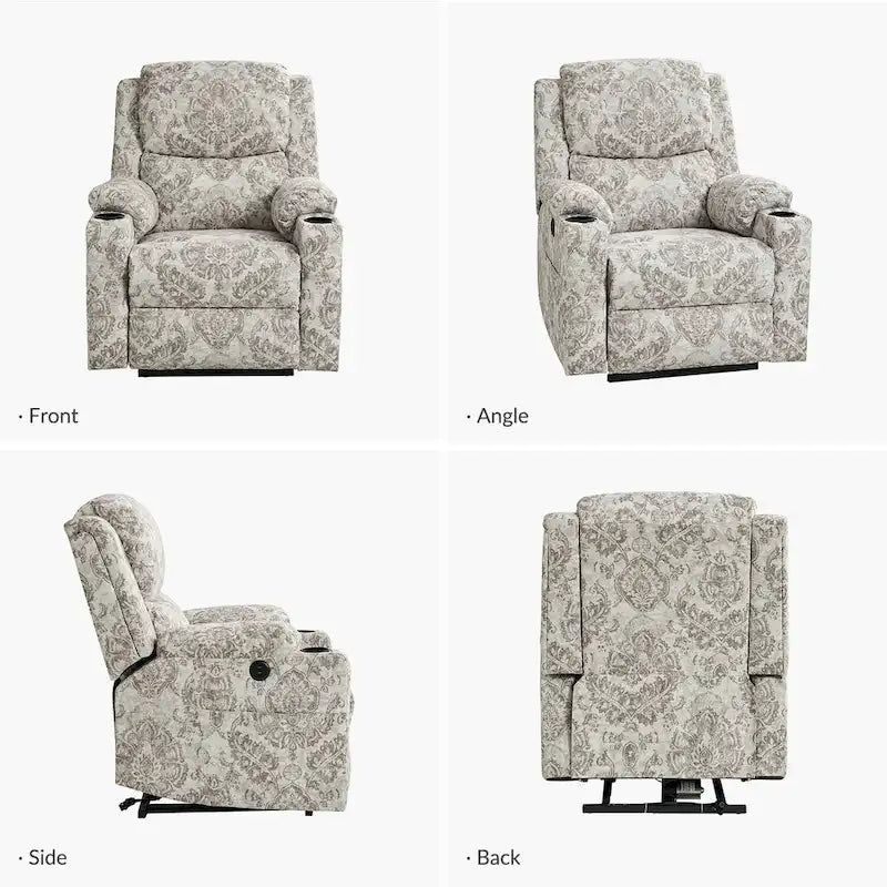 Fauteuil inclinable releveur chauffant traditionnel à motifs floraux avec double moteur et massage – Lot de 2
