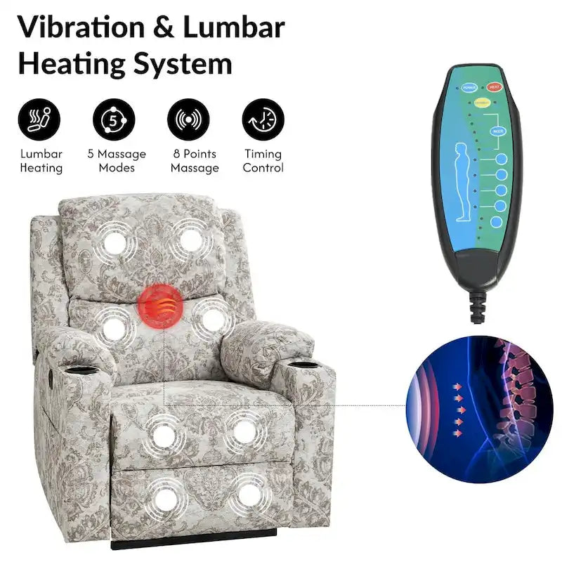 Fauteuil inclinable releveur chauffant traditionnel à motifs floraux avec double moteur et massage – Lot de 2