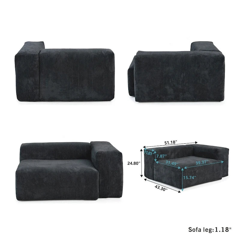 Ensemble de canapé moderne 3 places avec méridienne, Canapé sectionnel modulable en velours côtelé pour salon