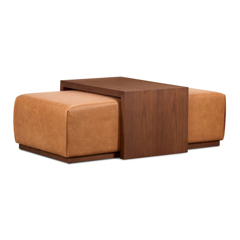 Pouf en cuir avec table ajustable en noyer
