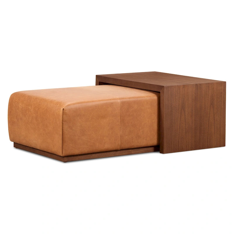 Pouf en cuir avec table ajustable en noyer