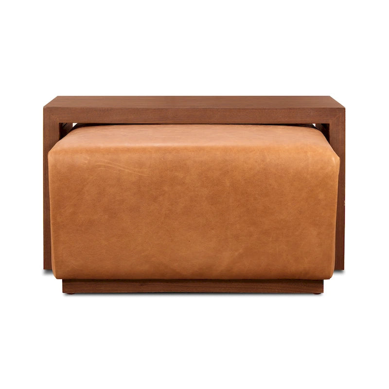 Pouf en cuir avec table ajustable en noyer