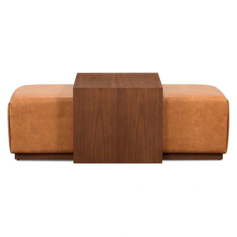 Pouf en cuir avec table ajustable en noyer