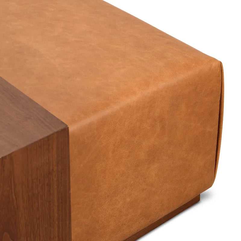 Pouf en cuir avec table ajustable en noyer