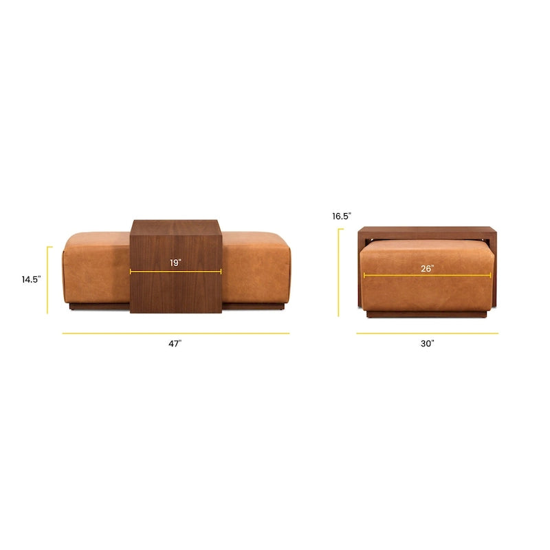 Pouf en cuir avec table ajustable en noyer