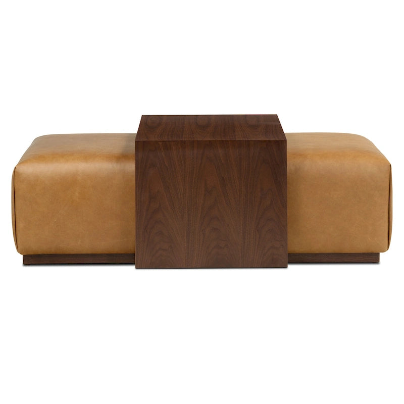 Pouf en cuir avec table ajustable en noyer