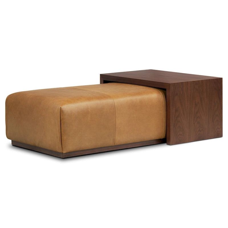 Pouf en cuir avec table ajustable en noyer