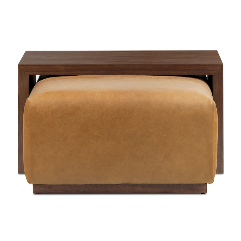 Pouf en cuir avec table ajustable en noyer