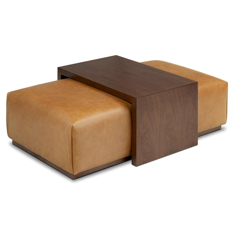 Pouf en cuir avec table ajustable en noyer