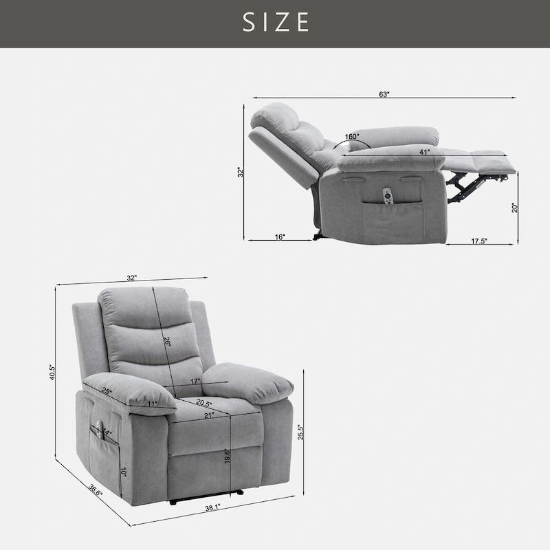 Fauteuil inclinable électrique gris clair avec massage et chaleur