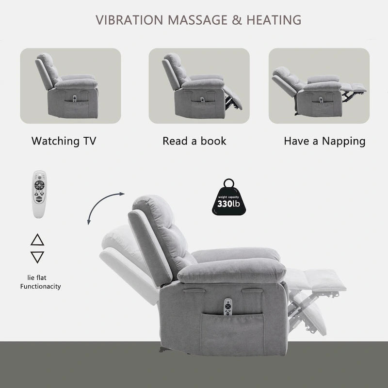 Fauteuil inclinable électrique gris clair avec massage et chaleur