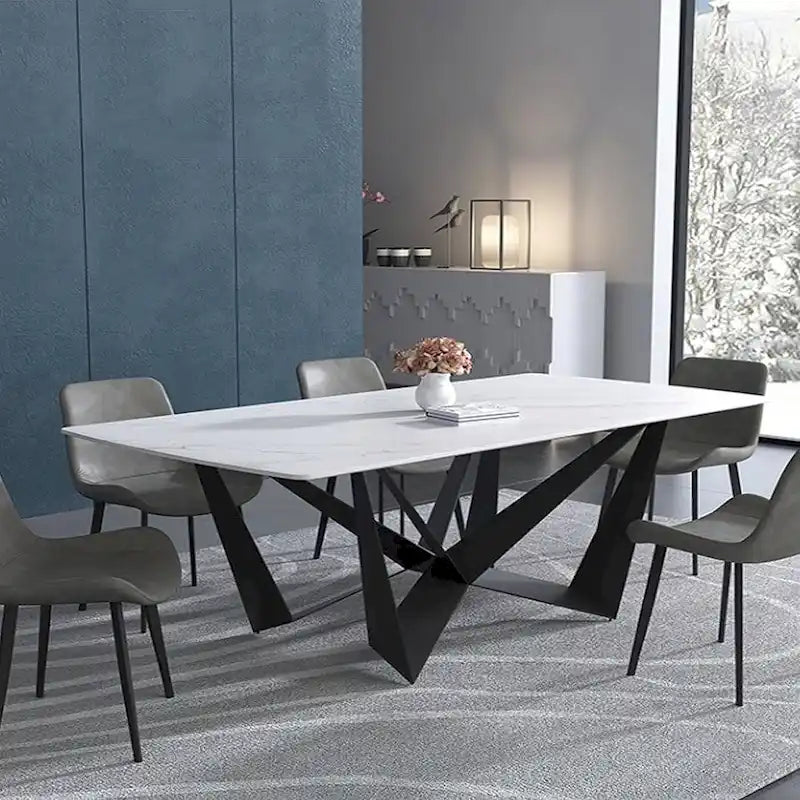 Table à manger en pierre frittée blanche avec base en acier