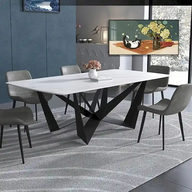 Table à manger en pierre frittée blanche avec base en acier