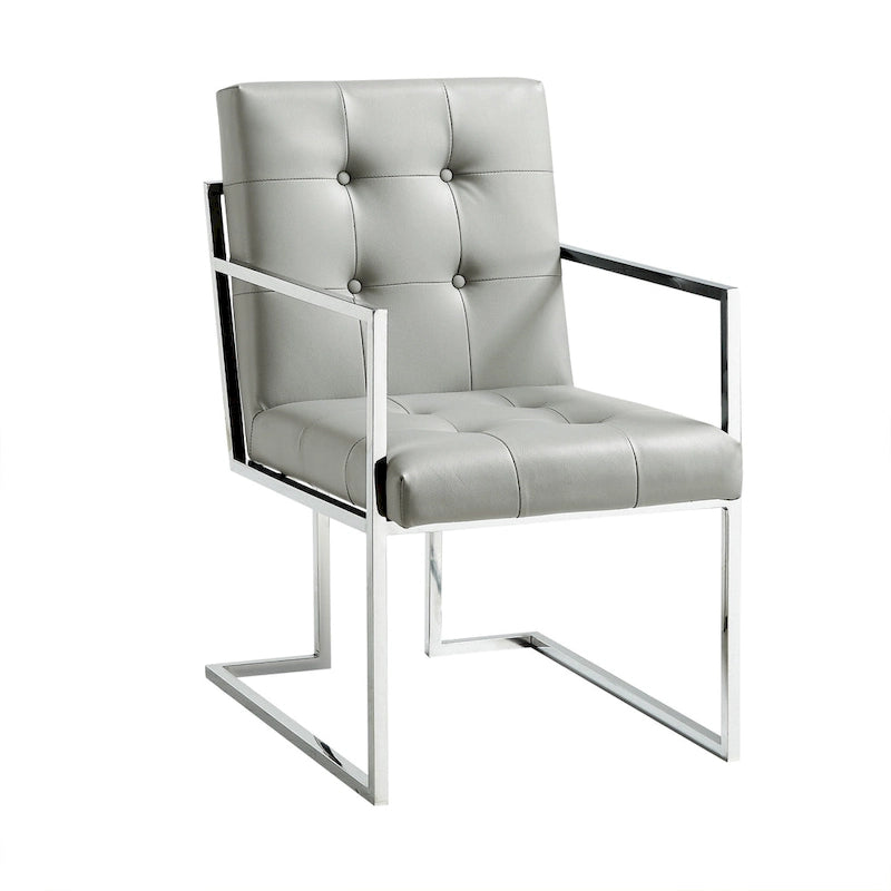 HomeRoots Lot de deux chaises de salle à manger avec accoudoirs, en similicuir touffeté gris clair et argent métallisé