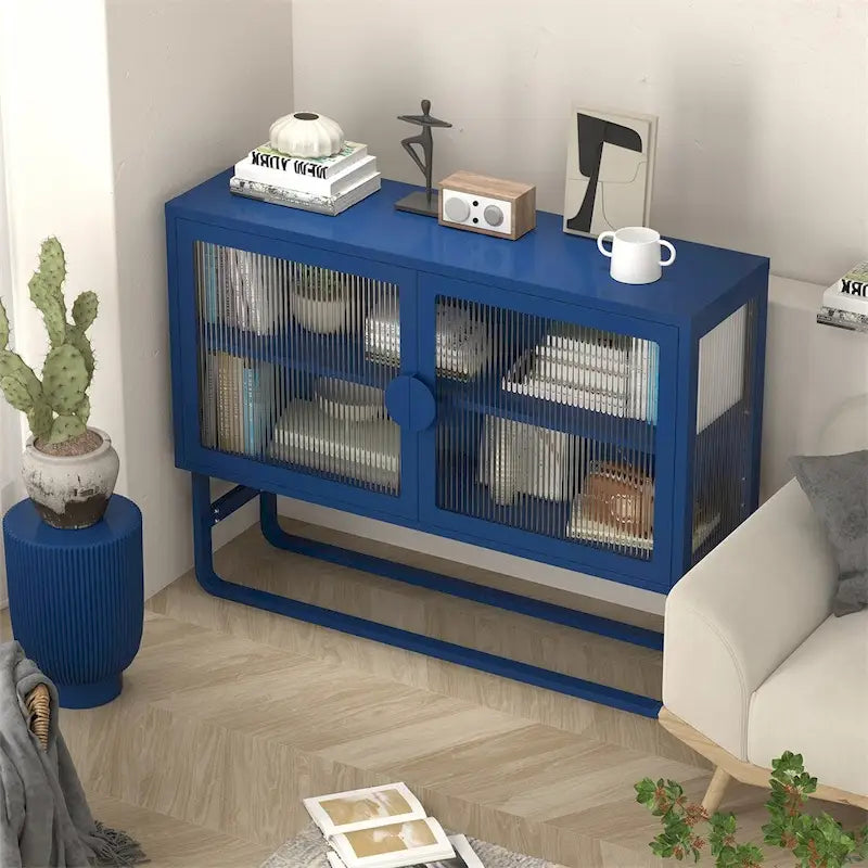 Crédence de rangement élégante en verre trempé avec 2 portes en verre cannelé