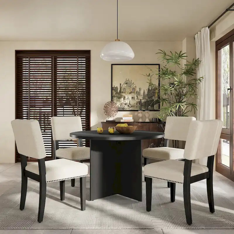 Ensemble de salle à manger rond 5 pièces moderne avec table de cuisine sur pied et 4 chaises de salle à manger rembourrées