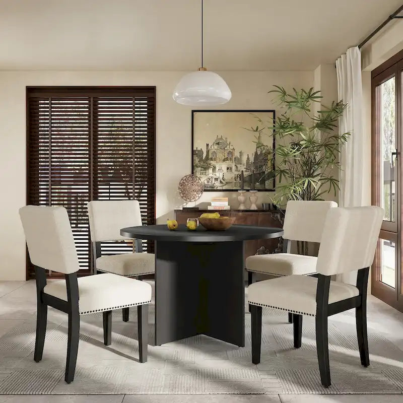 Ensemble de salle à manger rond 5 pièces moderne avec table de cuisine sur pied et 4 chaises de salle à manger rembourrées