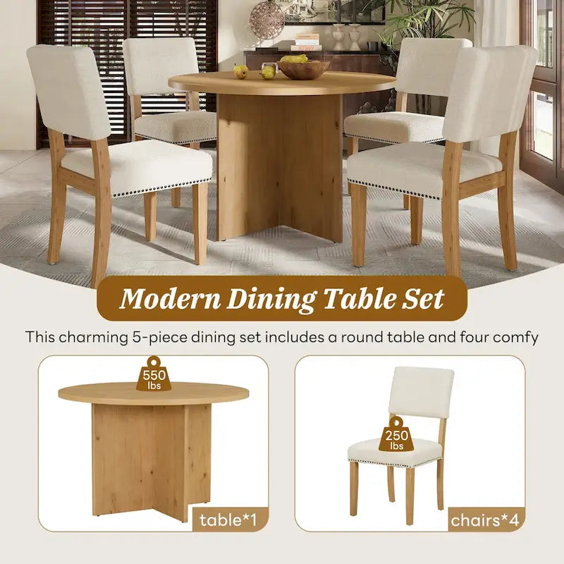 Ensemble de salle à manger rond 5 pièces moderne avec table de cuisine sur pied et 4 chaises de salle à manger rembourrées