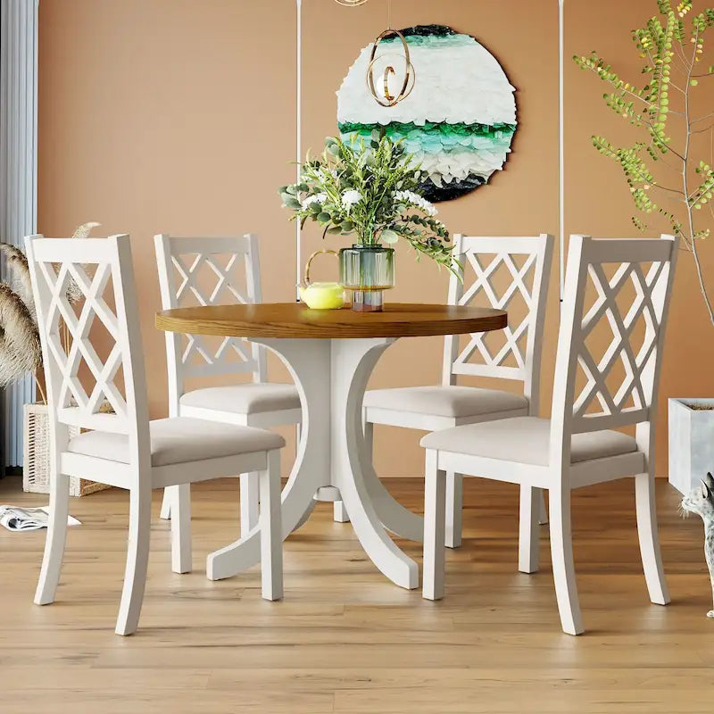 Ensemble de salle à manger rond 5 pièces en bois massif du milieu du siècle, ensemble de table de cuisine avec chaises rembourrées, table noyer + chaises beiges