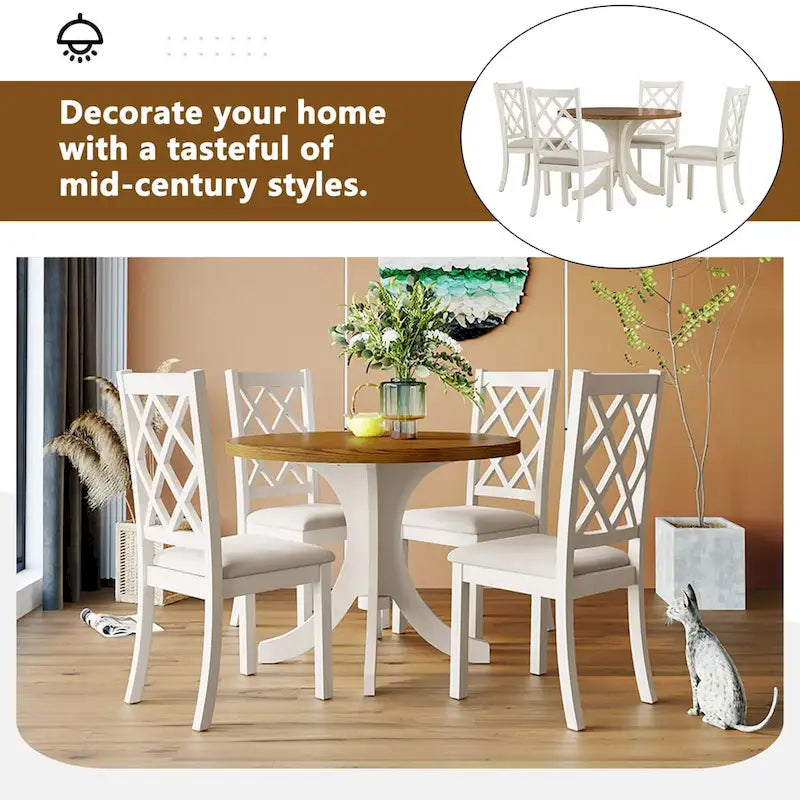 Ensemble de salle à manger rond 5 pièces en bois massif du milieu du siècle, ensemble de table de cuisine avec chaises rembourrées, table noyer + chaises beiges