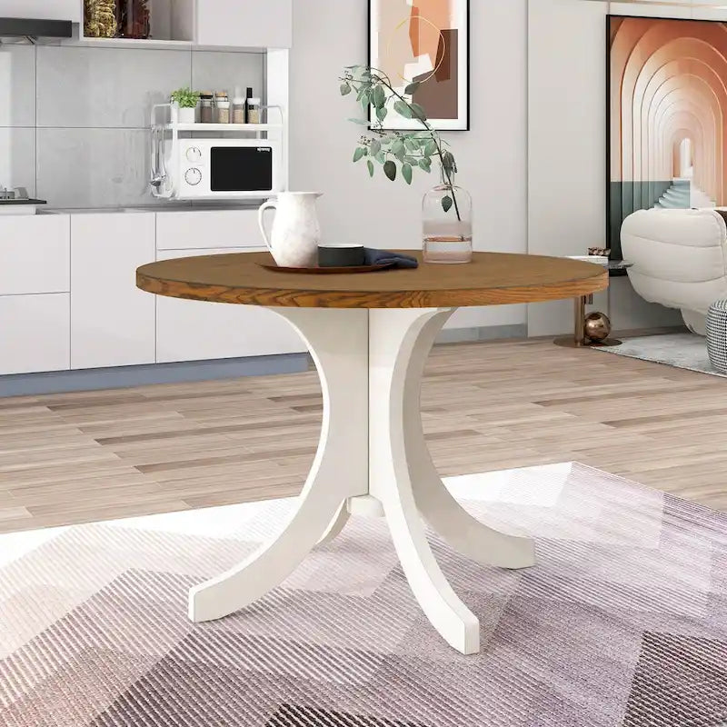 Ensemble de salle à manger rond 5 pièces en bois massif du milieu du siècle, ensemble de table de cuisine avec chaises rembourrées, table noyer + chaises beiges