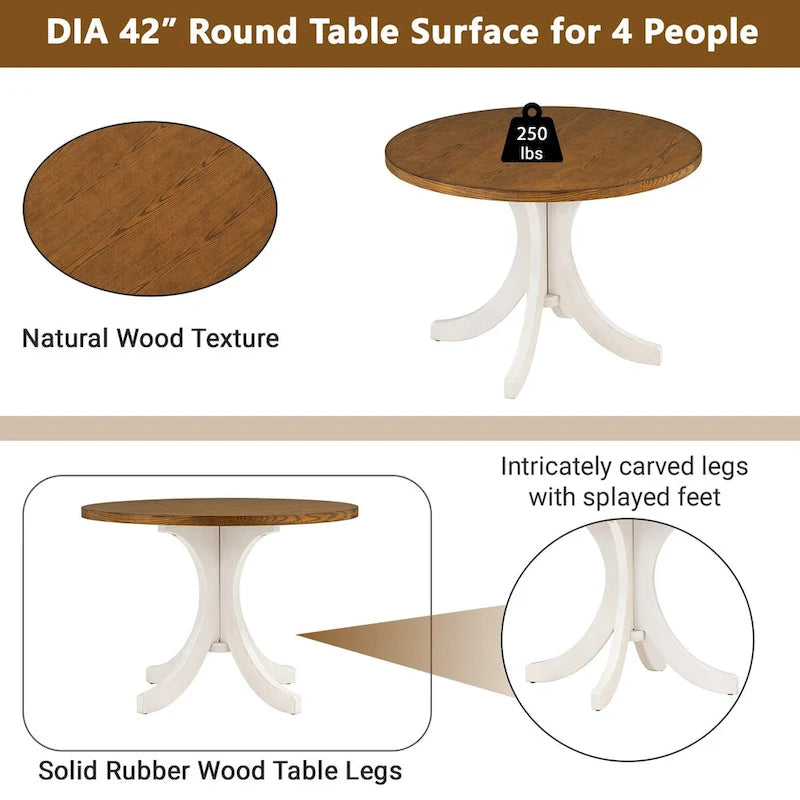 Ensemble de salle à manger rond 5 pièces en bois massif du milieu du siècle, ensemble de table de cuisine avec chaises rembourrées, table noyer + chaises beiges