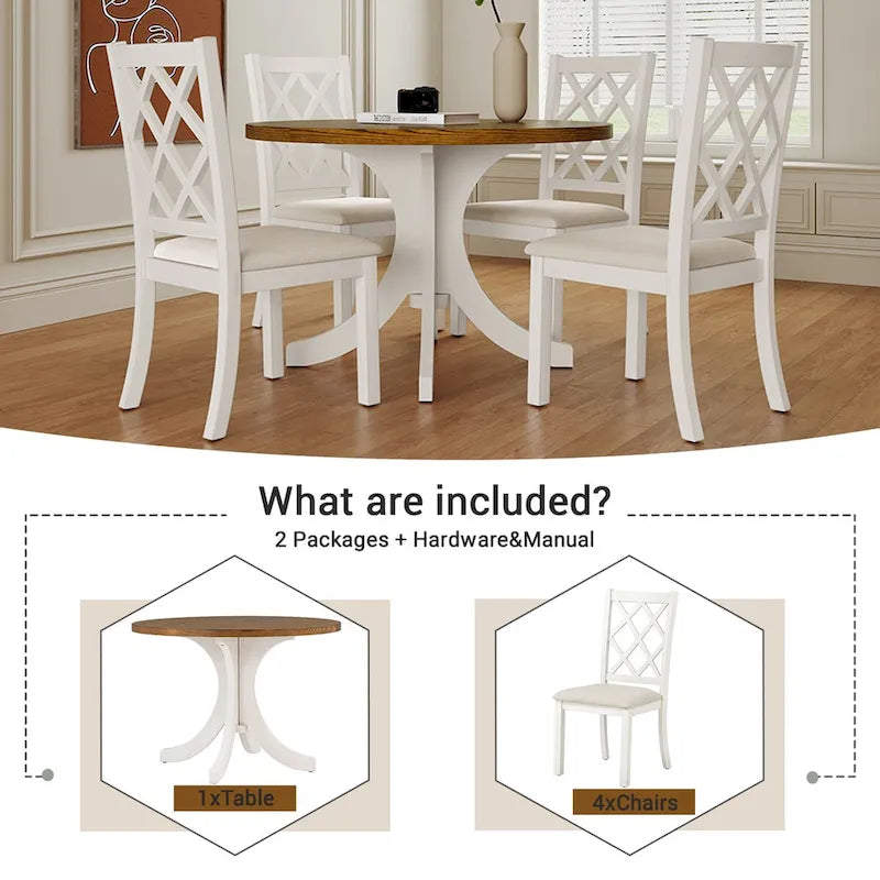 Ensemble de salle à manger rond 5 pièces en bois massif du milieu du siècle, ensemble de table de cuisine avec chaises rembourrées, table noyer + chaises beiges